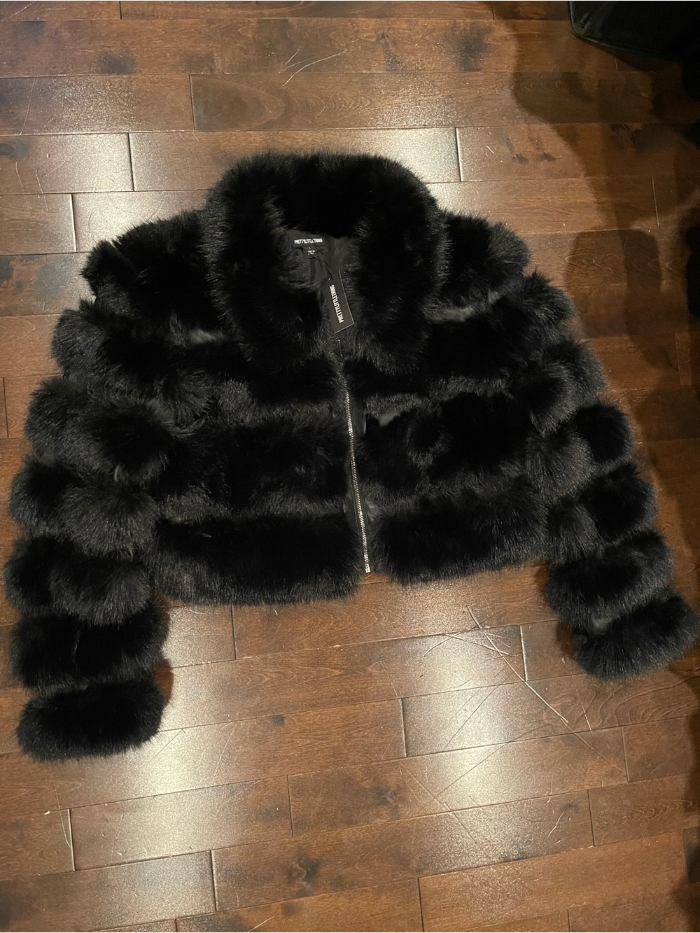 PrettyLittleThing Black Faux Fur Trimmed Jacket size L